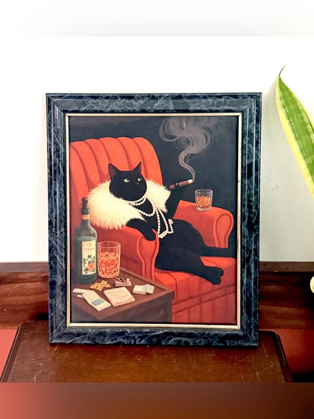 Fancy Fat Black Cat Smoking Cigar Drinking Whiskey Quirky Wall Art Framed Art